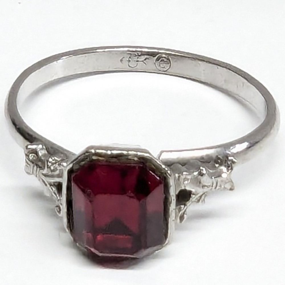 Vintage Uncas Faux Ruby Red Emerald Cut Ring Adjustable Silver Tone Filigree